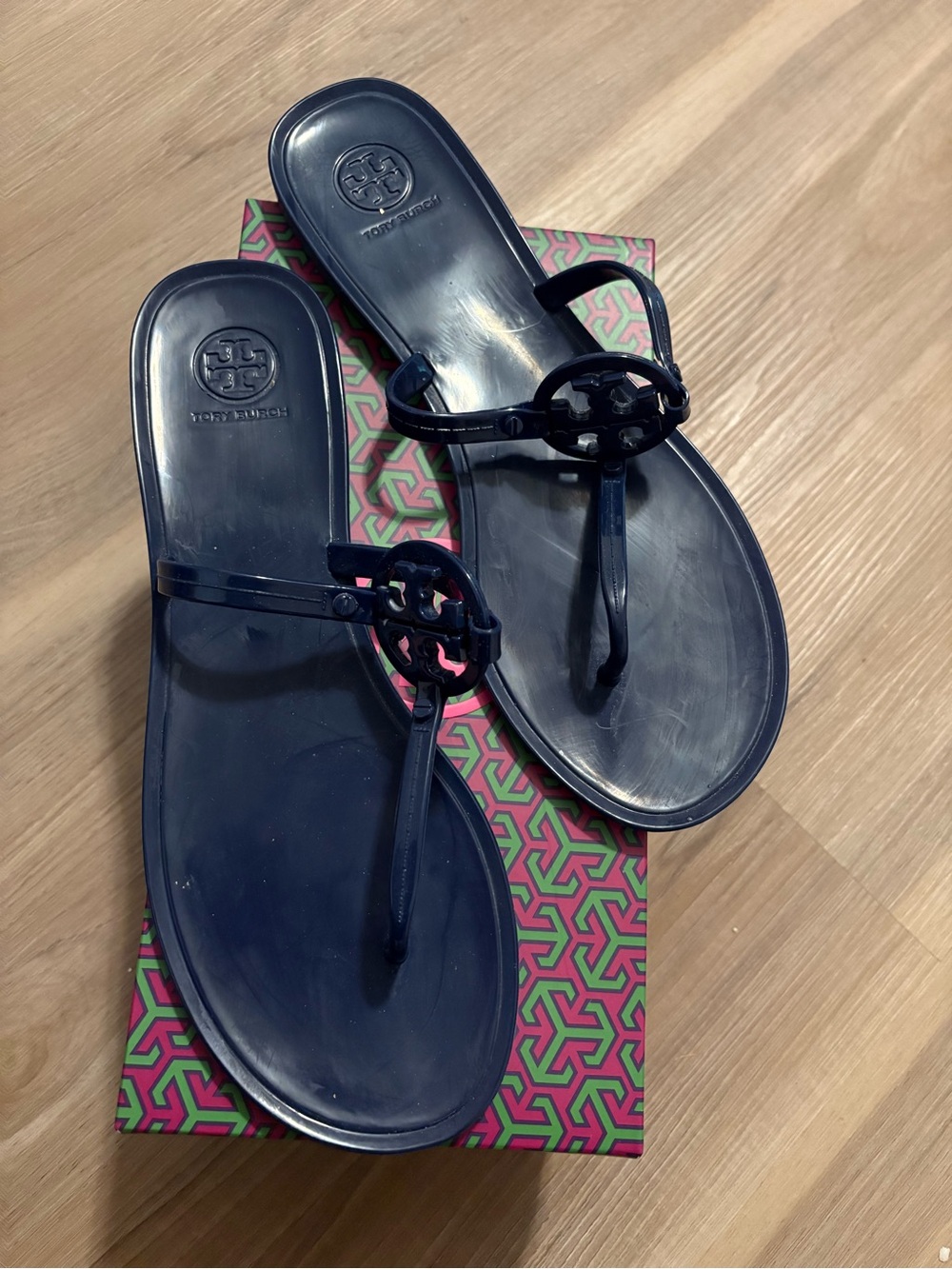 Tory Burch Navy Logo Jelly Thong Sandals